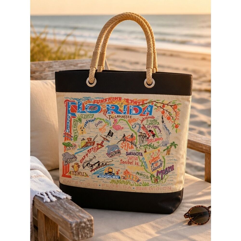 Florida Map Canvas Tote in Cream with Black Trim